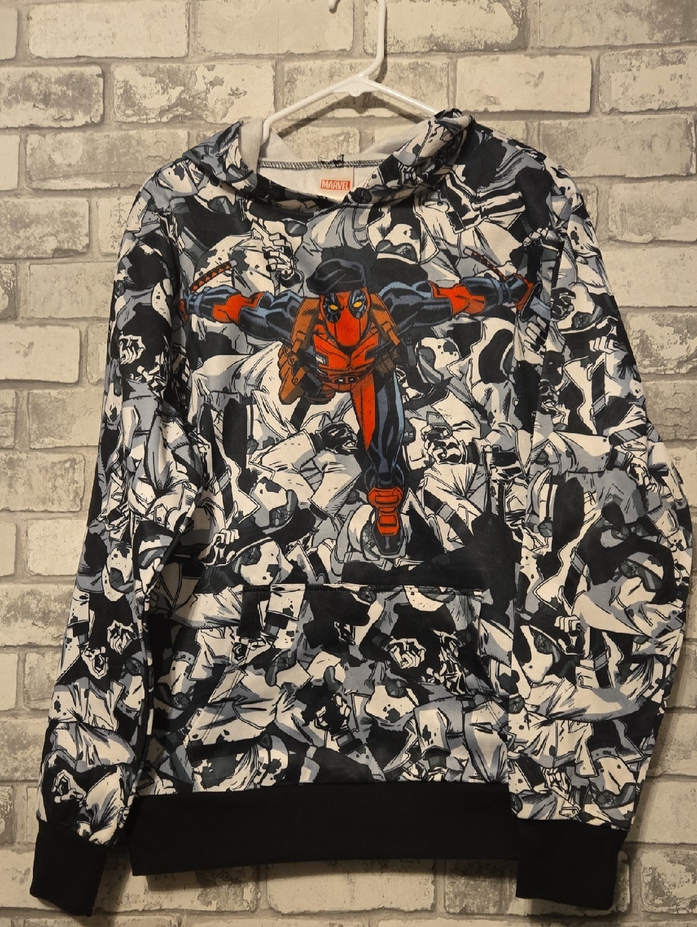 Marvel Deadpool All-Over Comic Print Hoodie in Black, White & Red-Orange